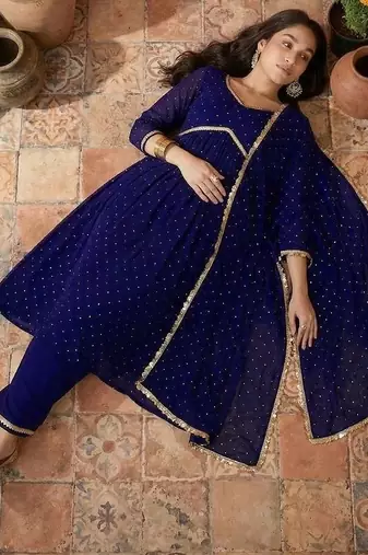 women embroidered v-neck kurta with trousers & dupatta
