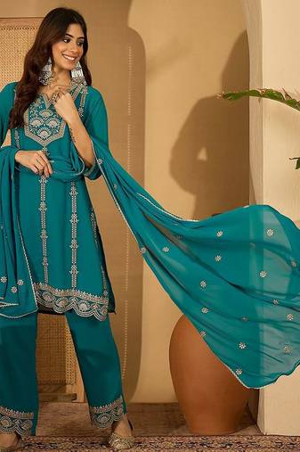 zari sequence thread embroidered straight kurta with palazzos & dupatta