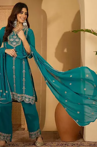zari sequence thread embroidered straight kurta with palazzos & dupatta
