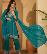 zari sequence thread embroidered straight kurta with palazzos & dupatta
