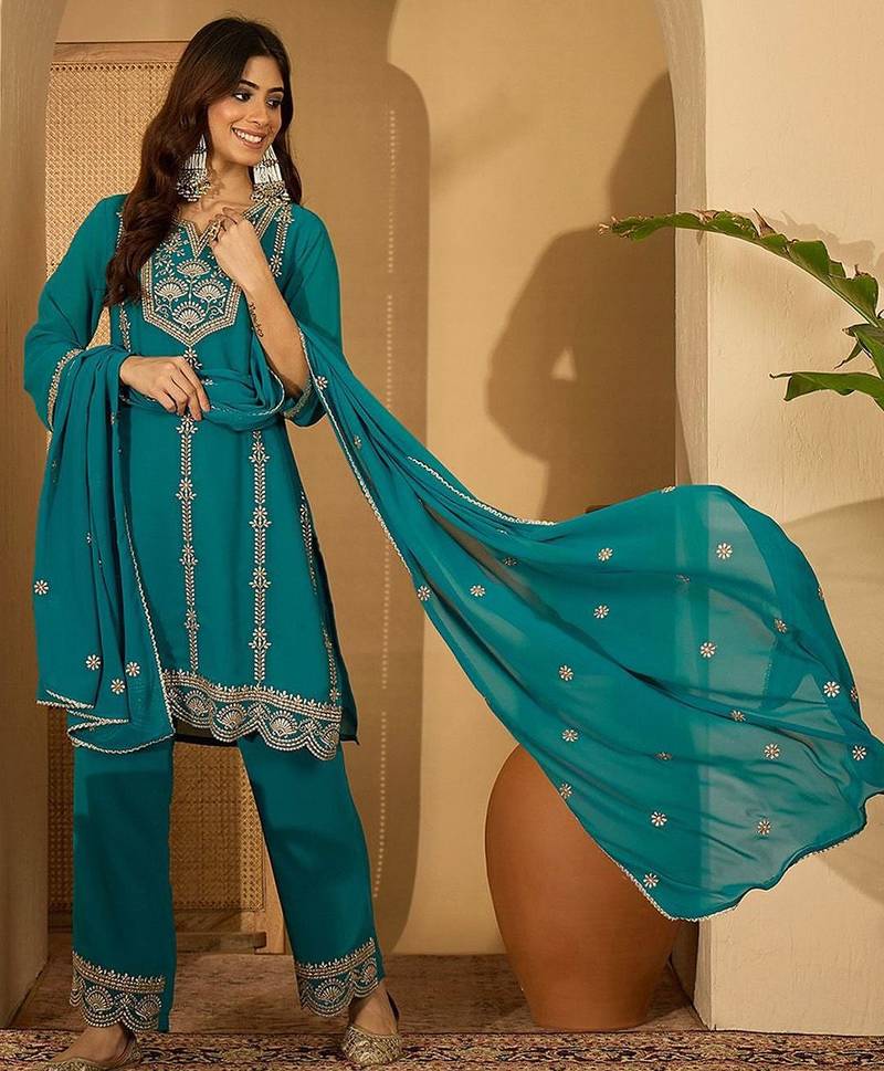 zari sequence thread embroidered straight kurta with palazzos & dupatta