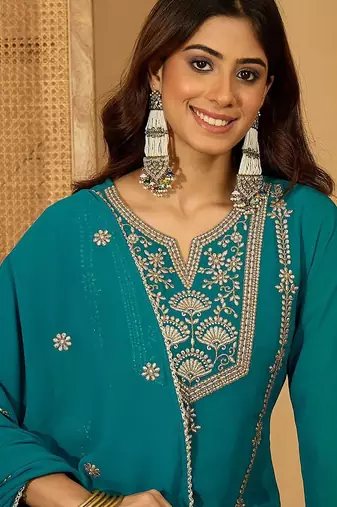 zari sequence thread embroidered straight kurta with palazzos & dupatta