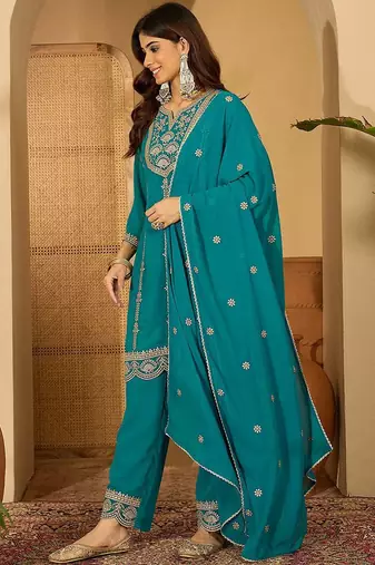 zari sequence thread embroidered straight kurta with palazzos & dupatta