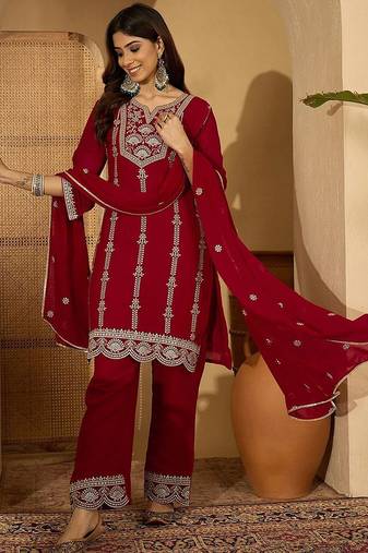 georgette zari sequence embroidered kurta with palazzos and dupatta