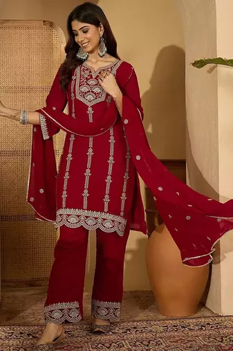 georgette zari sequence embroidered kurta with palazzos and dupatta