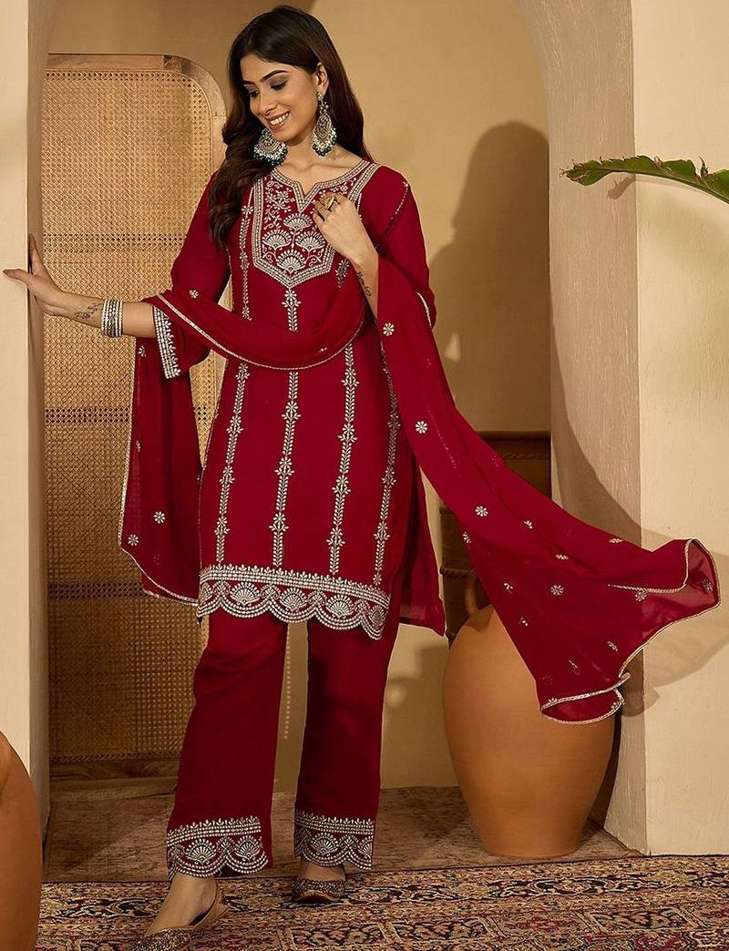 georgette zari sequence embroidered kurta with palazzos and dupatta