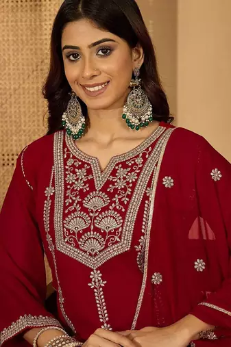 georgette zari sequence embroidered kurta with palazzos and dupatta
