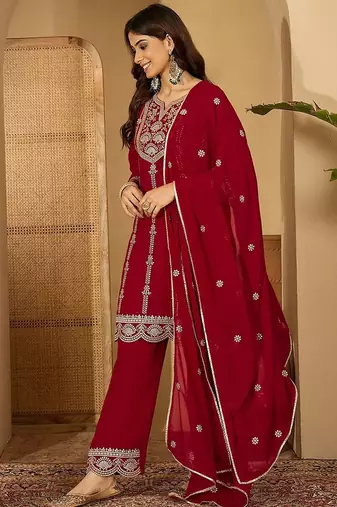 georgette zari sequence embroidered kurta with palazzos and dupatta