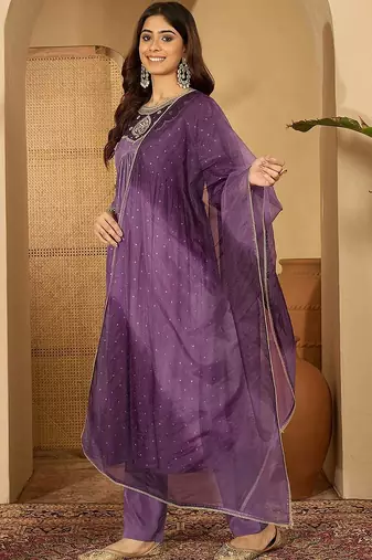 women ethnic motifs embroidered panelled zari kurta with trousers & dupatta