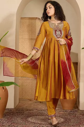 zari sequence thread embroidered a-line kurta with trouser & dupatta