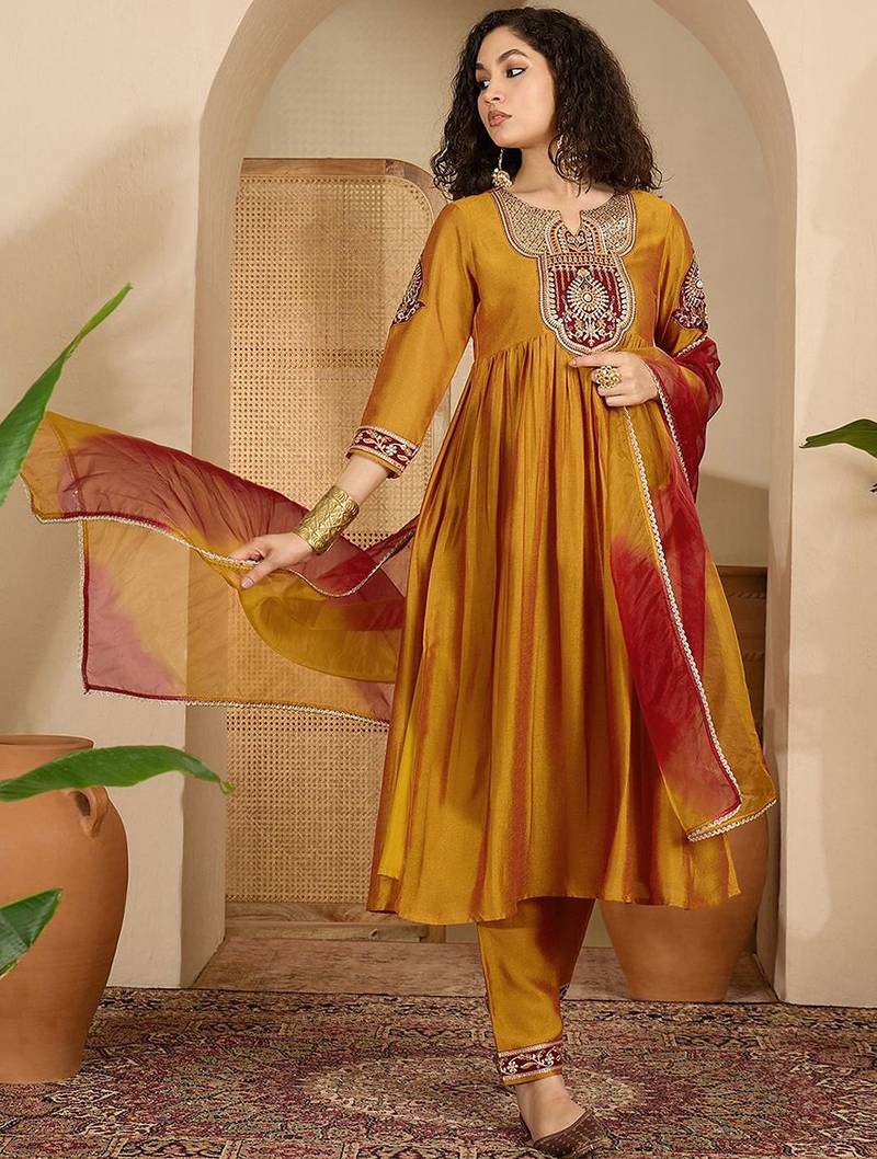 zari sequence thread embroidered a-line kurta with trouser & dupatta