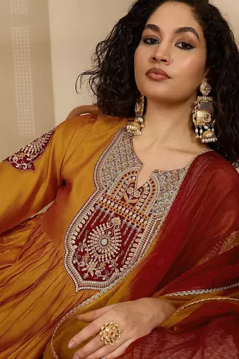 zari sequence thread embroidered a-line kurta with trouser & dupatta
