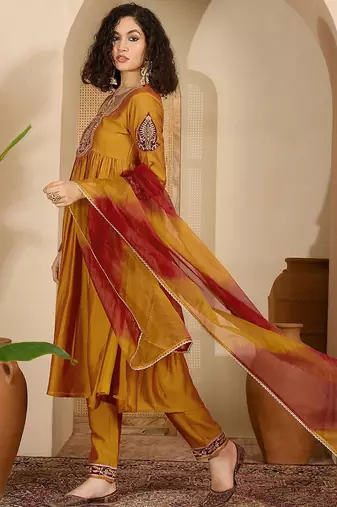 zari sequence thread embroidered a-line kurta with trouser & dupatta