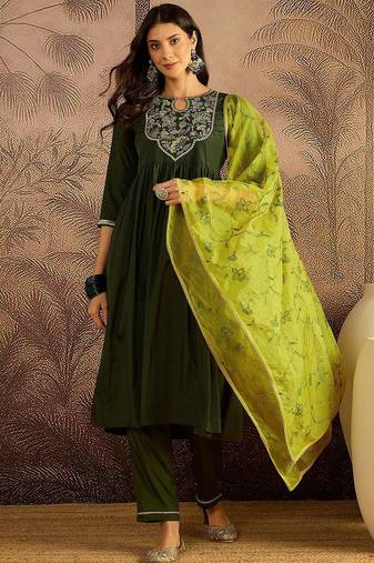 floral embroidered round neck thread work kurta with trousers & dupatta