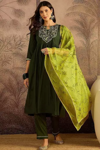 floral embroidered round neck thread work kurta with trousers & dupatta