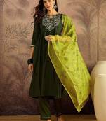floral embroidered round neck thread work kurta with trousers & dupatta