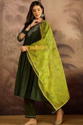 floral embroidered round neck thread work kurta with trousers & dupatta