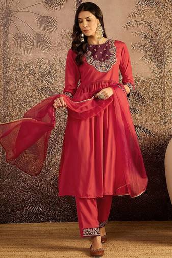 floral embroidered sequinned thread work kurta with trousers & dupatta