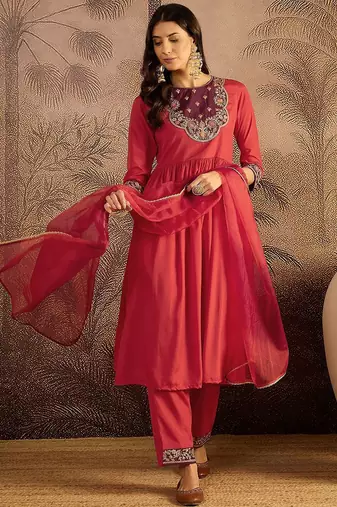 floral embroidered sequinned thread work kurta with trousers & dupatta