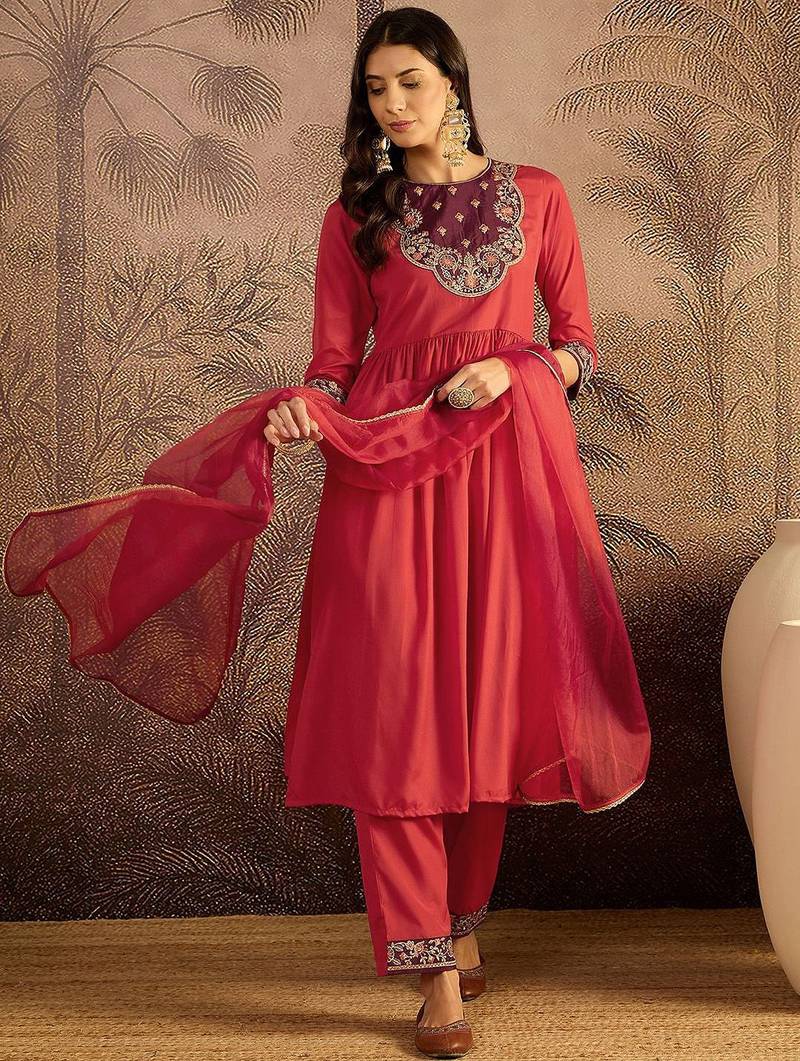 floral embroidered sequinned thread work kurta with trousers & dupatta