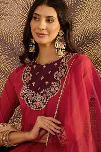floral embroidered sequinned thread work kurta with trousers & dupatta