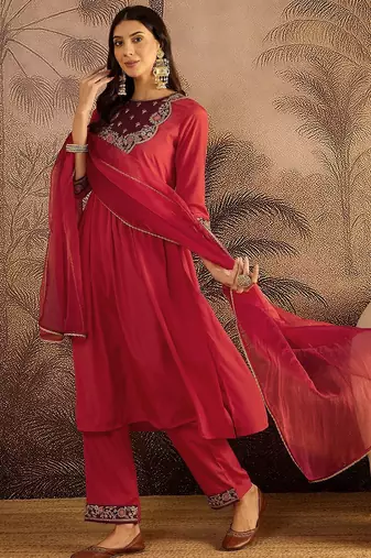 floral embroidered sequinned thread work kurta with trousers & dupatta