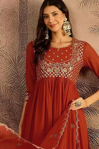 zari sequin embroidered straight kurta with trousers & dupatta