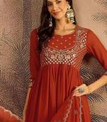 zari sequin embroidered straight kurta with trousers & dupatta