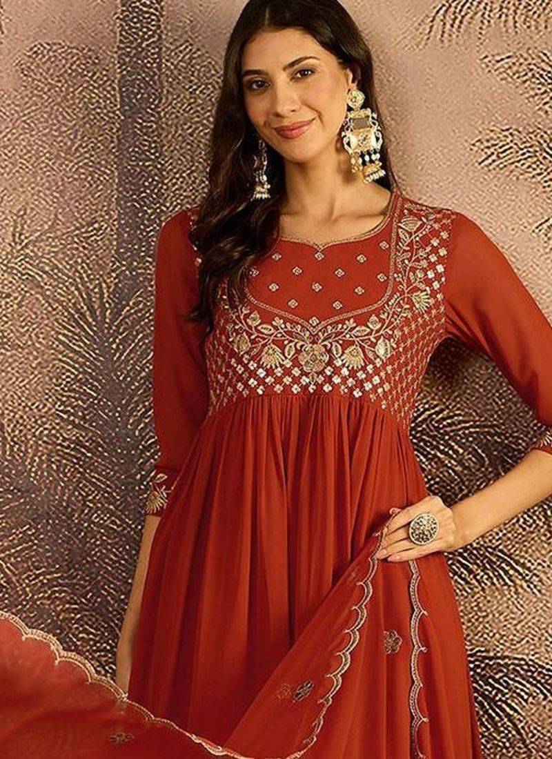 zari sequin embroidered straight kurta with trousers & dupatta