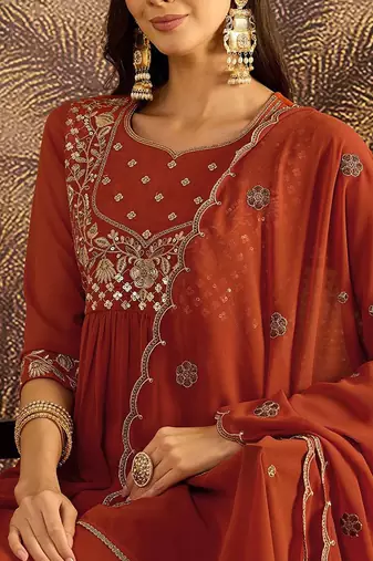 zari sequin embroidered straight kurta with trousers & dupatta