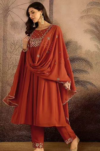 zari sequin embroidered straight kurta with trousers & dupatta