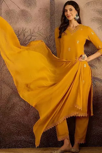 zari sequence embroidered georgette straight kurta with trousers & dupatta