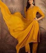 zari sequence embroidered georgette straight kurta with trousers & dupatta