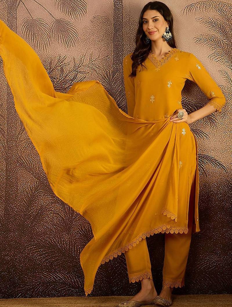 zari sequence embroidered georgette straight kurta with trousers & dupatta