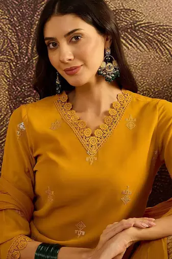 zari sequence embroidered georgette straight kurta with trousers & dupatta