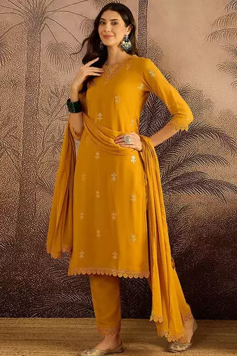zari sequence embroidered georgette straight kurta with trousers & dupatta