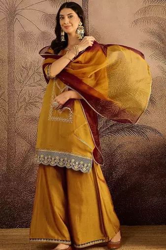 embroidered zari sequence thread work straight kurta with palazzos & dupatta