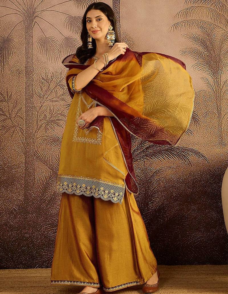 embroidered zari sequence thread work straight kurta with palazzos & dupatta