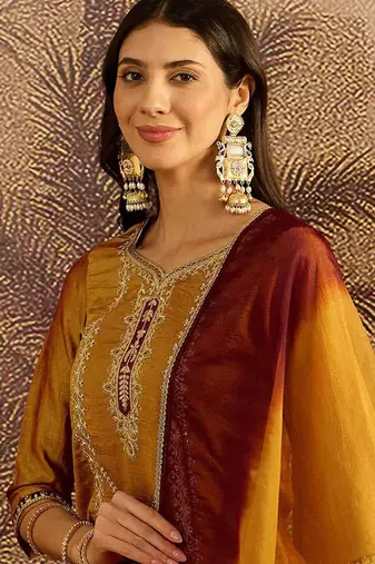 embroidered zari sequence thread work straight kurta with palazzos & dupatta