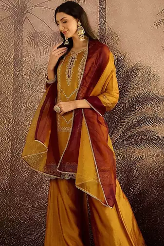 embroidered zari sequence thread work straight kurta with palazzos & dupatta
