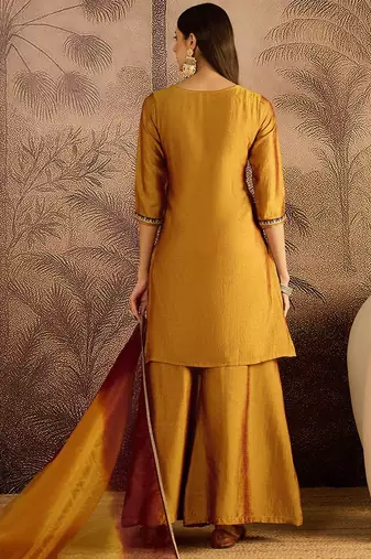 embroidered zari sequence thread work straight kurta with palazzos & dupatta