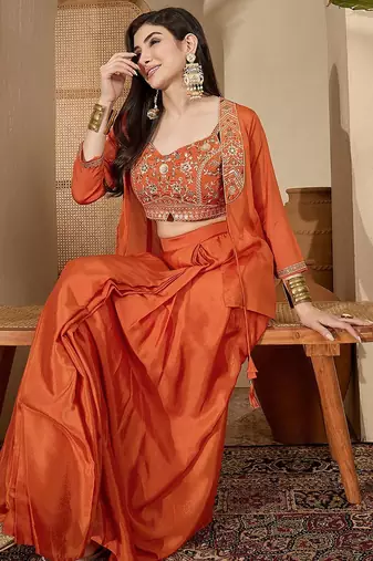 zari sequence thread work crop top & pleated skirt with shrug co-ords