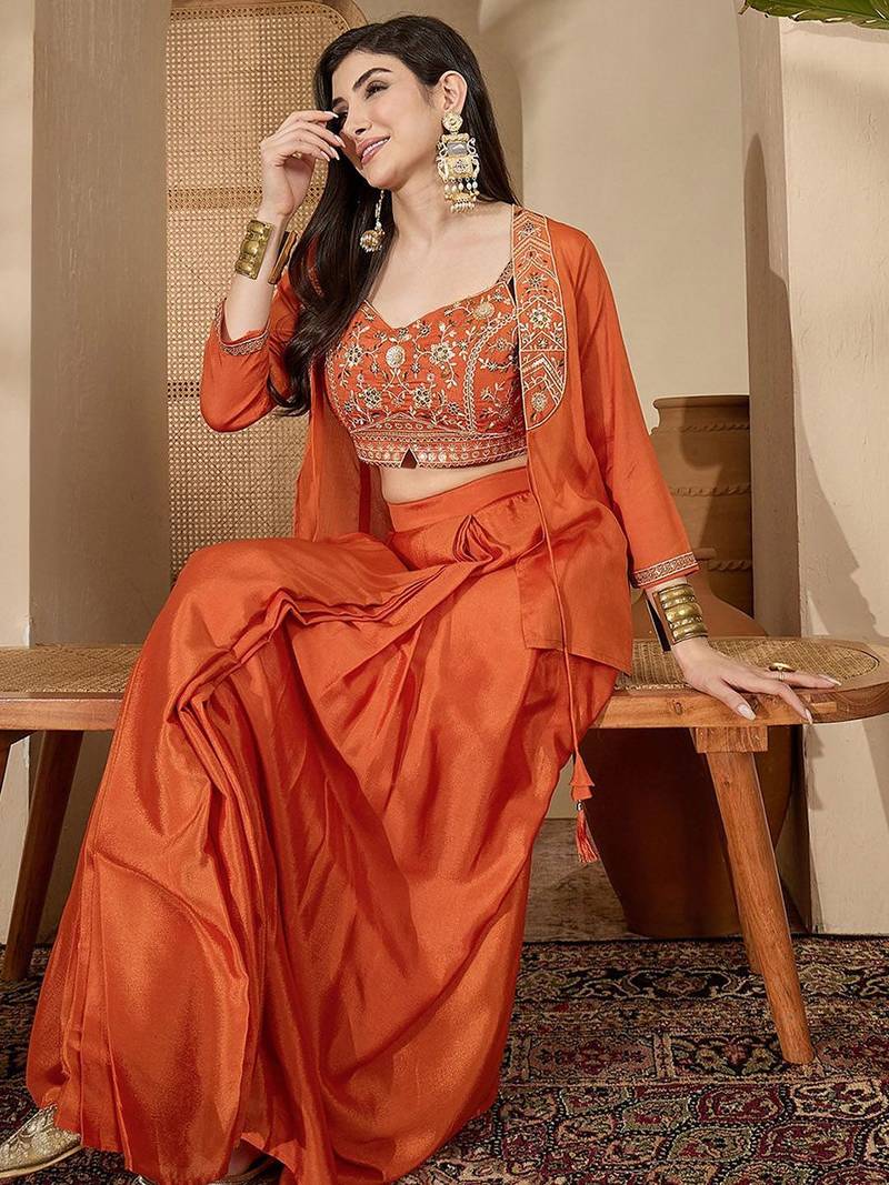 zari sequence thread work crop top & pleated skirt with shrug co-ords