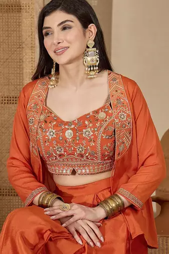 zari sequence thread work crop top & pleated skirt with shrug co-ords
