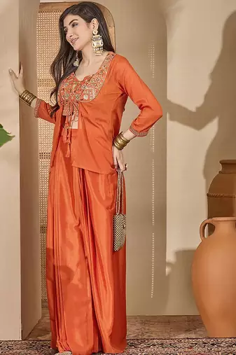 zari sequence thread work crop top & pleated skirt with shrug co-ords