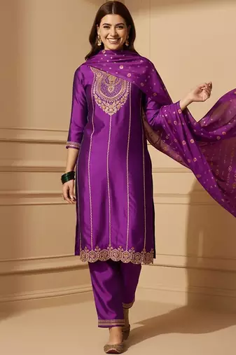 embroidered round neck kurta and trousers with dupatta set