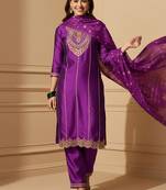 embroidered round neck kurta and trousers with dupatta set