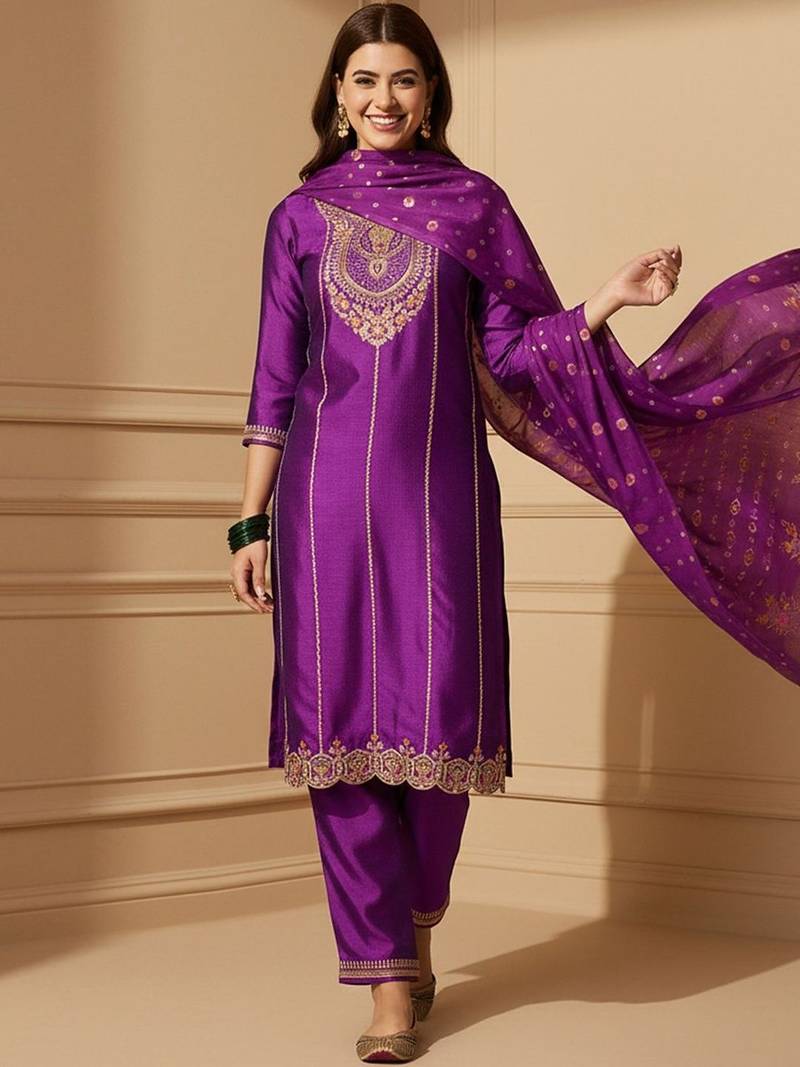 embroidered round neck kurta and trousers with dupatta set