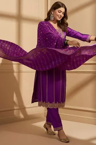embroidered round neck kurta and trousers with dupatta set