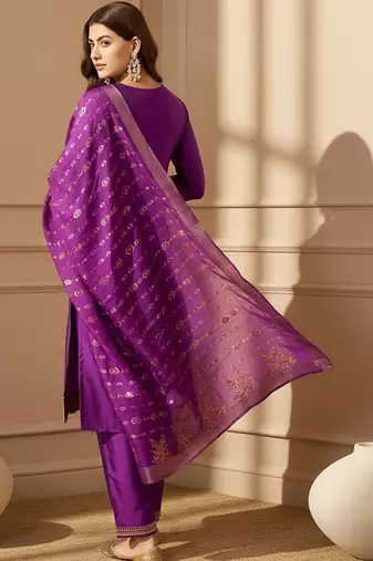 embroidered round neck kurta and trousers with dupatta set